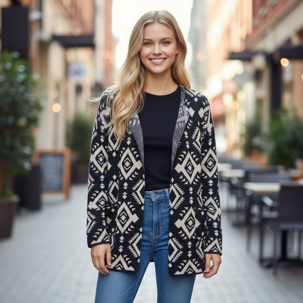 Absolutely Famous Black and Tan  Patterned Midi Kpen Front Cardigan Sweater